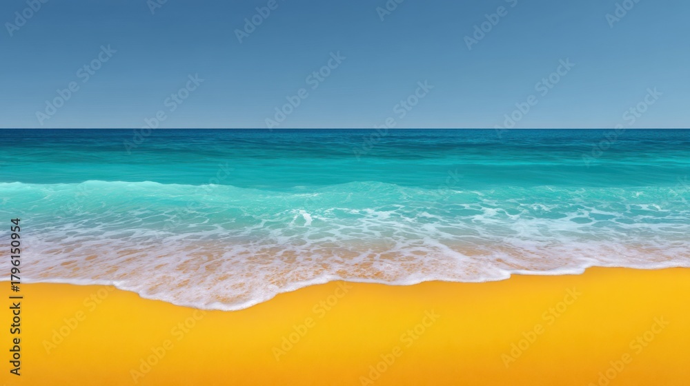 Obraz premium Tranquil Ocean View with Gentle Waves Lapping on a Sandy Shore under Clear Blue Sky Perfect for Relaxation and Summer Escapes