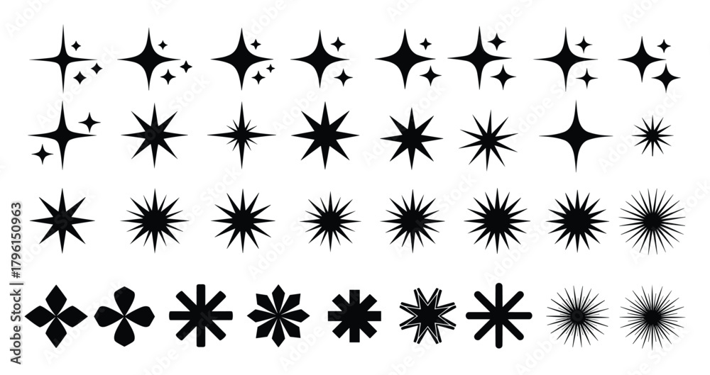 Fototapeta premium Sparkles vector with a black and white theme. Star, glitter, twinkle and shine illustration element.