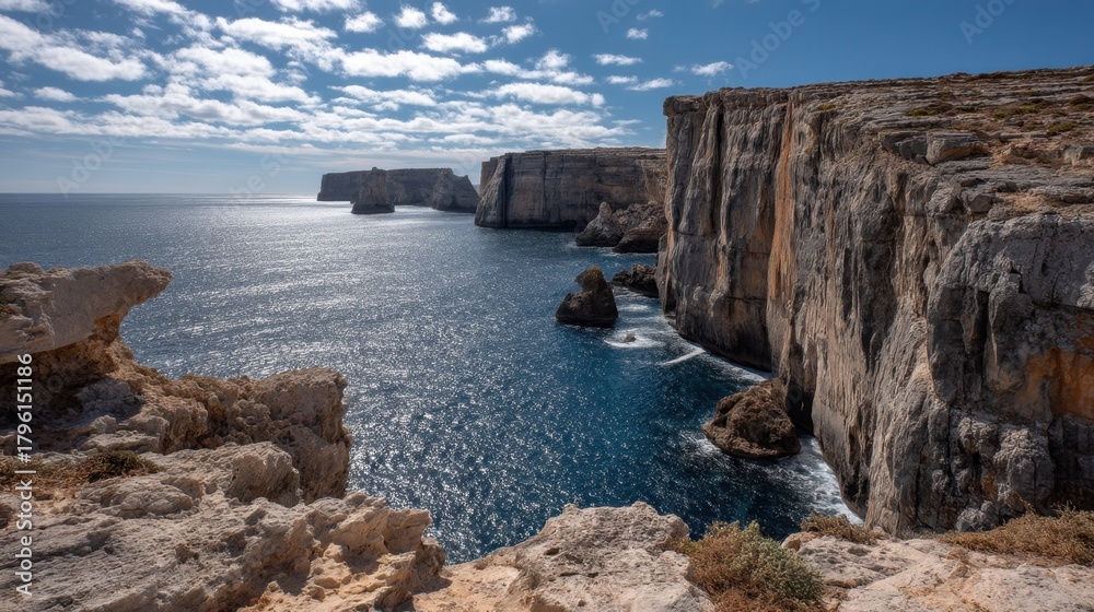Obraz premium Breathtaking coastal cliffs and azure waters under a cloudy sky in a tranquil Mediterranean landscape surrounded by rocky outcrops