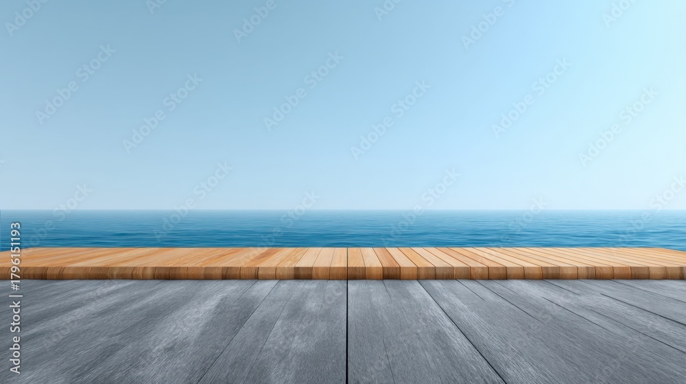 Fototapeta premium Serene Waterfront Deck with Calm Water and Clear Sky Perfect for Relaxation, Meditation, and Scenic Photography Opportunities in Nature's Beauty