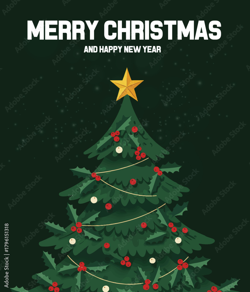Fototapeta premium Close-up of Christmas Tree Decorated with Holly Berries and Gold Star Topper, Merry Christmas and Happy New Year