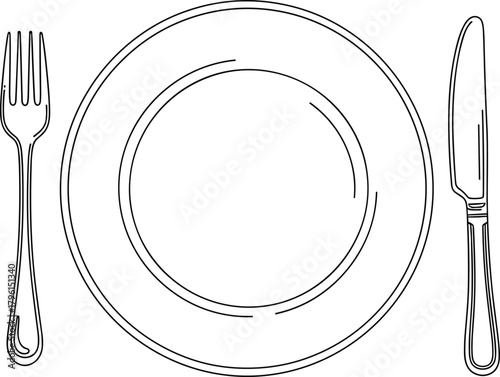 Table setting illustration, dinner plate, fork, knife, black and white drawing, dining etiquette, formal meal, restaurant, vector art, minimalist style, cutlery layout, place setting, kitchen decor, 