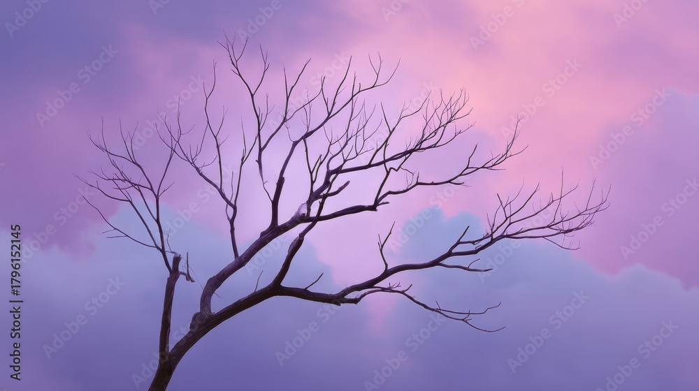 Fototapeta premium Bare Tree Silhouette Against a Soft Purple Sky With Wispy Clouds at Dusk in a Serene and Tranquil Natural Landscape Setting