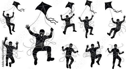 Silhouette, human figures, kite strings, entangled, struggle, chaos, graphic art, freedom, constraint, surreal, dramatic, abstract, tension, trappe,  