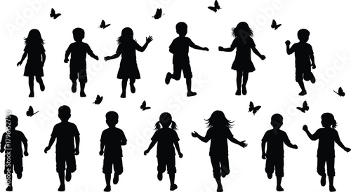 Children silhouettes running, walking, playing, butterflies flying, joyful movement, outdoor freedom, childhood activity, black figures, white background, energetic kids, nature fun