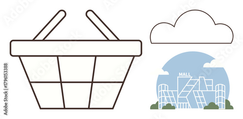 Minimalistic shopping basket, modern mall design, and cloud shape. Ideal for retail, ecommerce, consumer behavior, shopping habits, sustainability urban living marketing strategies. A simple flat