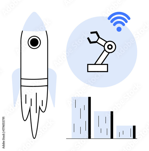 Rocket symbolizes innovation, robotic arm with wireless signal indicates automation and connectivity, growth chart highlights progress. Ideal for innovation, technology, automation, growth, analysis