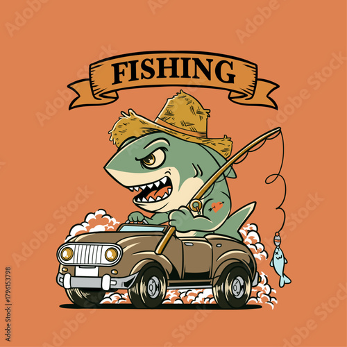 illustration of shark fishing by riding a car in vintage style