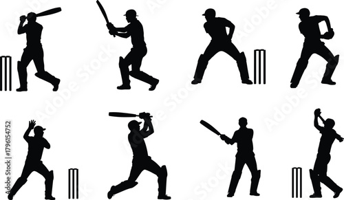 Cricket player silhouette vector illustration showing various batting and fielding poses, sports action concept for tournament, training, and competition design
