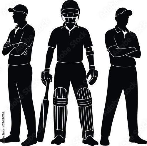 Cricket players silhouette vector illustration showing batsman and teammates standing together, sports teamwork concept design for tournament, competition, and training poster