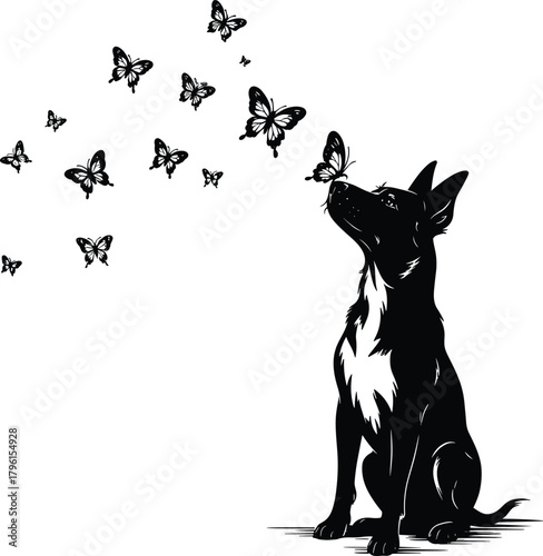 Dog sitting with butterflies flying around silhouette vector illustration, animal nature harmony concept, peaceful pet art design, wildlife interaction and beauty scene