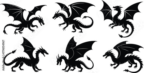 Set of fierce flying dragon silhouettes vector illustration with wings, claws, and tails, perfect for fantasy art, tattoo, and design
