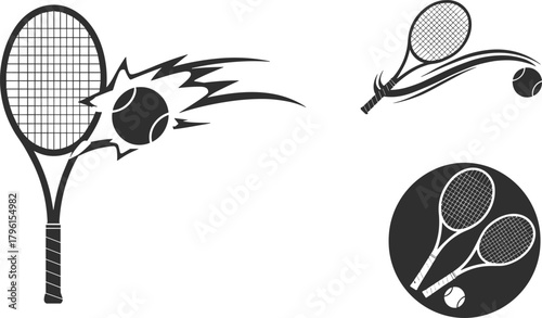 Dynamic tennis racket and ball vector illustration showing motion, sports energy, competition, and athletic design concept for modern graphic art