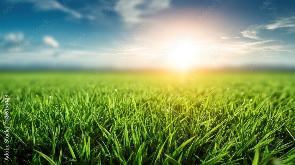Fototapeta premium Lush Green Grass Field Under a Bright Blue Sky with a Stunning Sunrise and Gentle Clouds Illuminating the Landscape in Warm Golden Tones