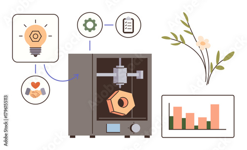 3D printer crafting geometric object, surrounded by innovation icons thumbs up lightbulb and gears, alongside a growth chart and flowers. Ideal for creativity, innovation, technology, progress