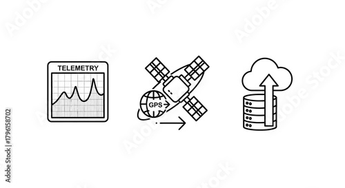 Digital telemetry, satellite communication, and cloud data storage icons for technology concepts