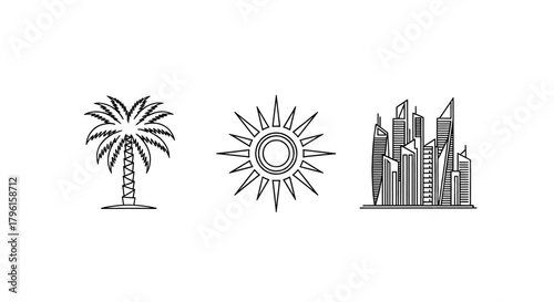Stylized icons of a palm tree, sun, and cityscape representing travel and urban destinations
