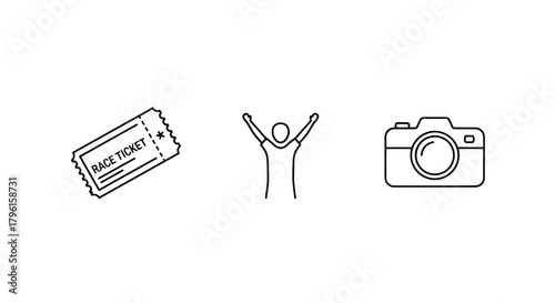 Event ticket, happy person, and camera icons symbolizing planning an outing and capturing memories.