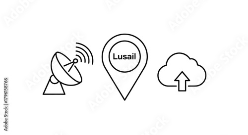 Satellite dish, location pin, and cloud upload icon symbolizing connectivity and data transfer.