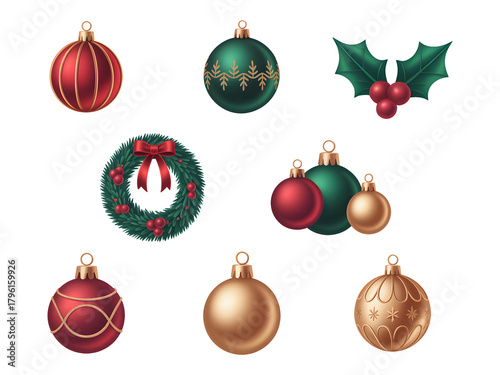 Set of Christmas Ornaments in Green and Red on Transparent Background