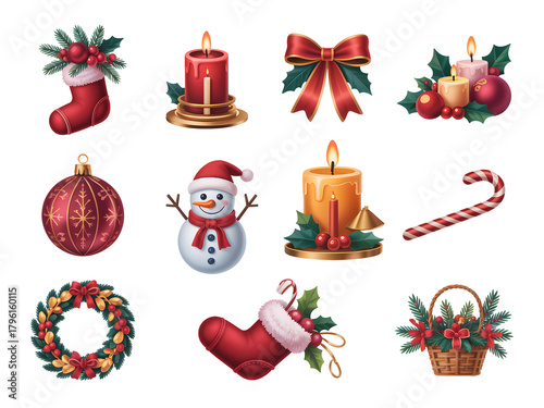 Elegant Watercolor Gold Christmas Ornaments and Festive Elements on Transparent Background