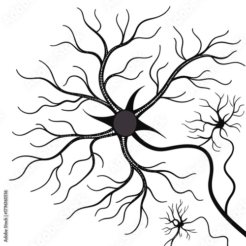 Stylized black neuron cell with dendrites and axon