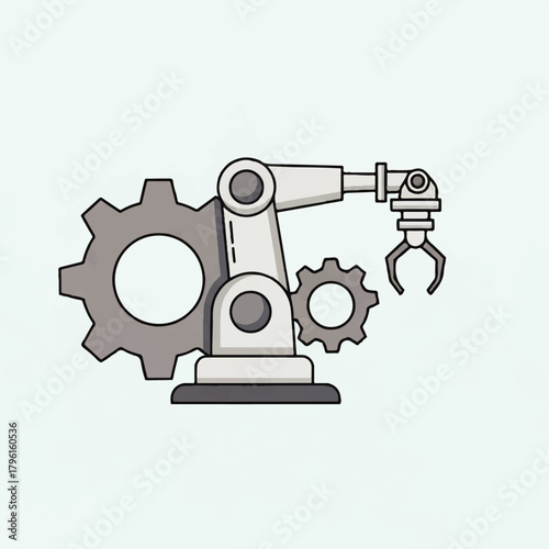 Flat minimal 2D vector icon of an industrial robotic arm with gears, representing automation and manufacturing processes
