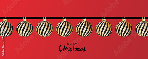 Christmas balls Red and white striped hang on red satin ribbon with bow. Xmas red background for l festive mood for holiday campaigns, winter celebrations, festive greeting cards, or seasonal marketin