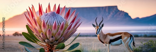 South African landscape at sunrise with protea flower and springbok antelope in grassland, Table Mountain in background, vibrant wildlife nature