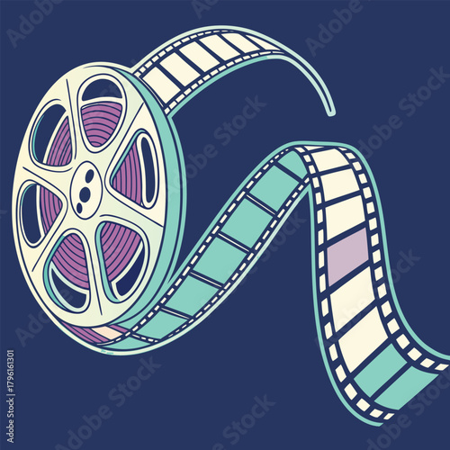 Vintage Film Reel with Unspooling Movie Strip cinema
