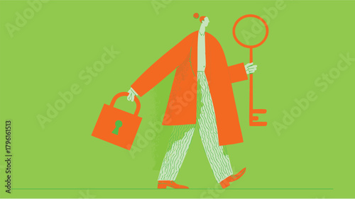 Business person holding large key – modern flat vector illustration symbolizing success, opportunity, and access