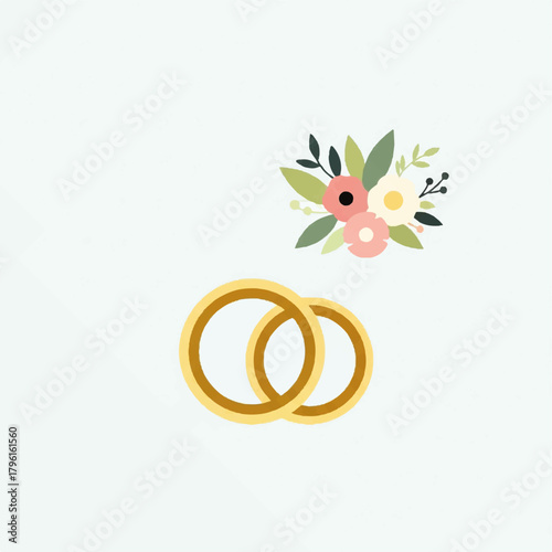 Elegant flat design illustration of two intertwined golden wedding rings with a delicate floral bouquet, symbolizing enduring love, commitment, and marital celebration