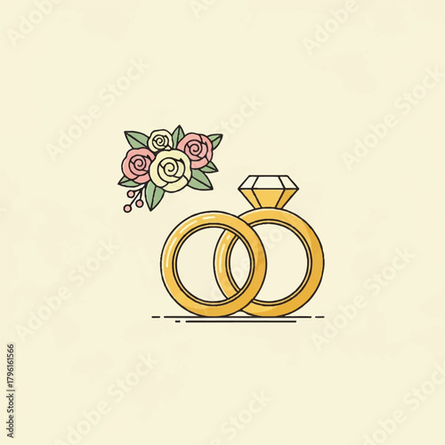Flat minimalist vector icon of golden wedding rings with a sparkling diamond, accompanied by a delicate floral bouquet, symbolizing engagement, marriage, and everlasting love