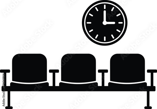 Empty waiting room chairs with wall clock, vector illustration design, hospital or office interior concept, time management, appointment and schedule symbol