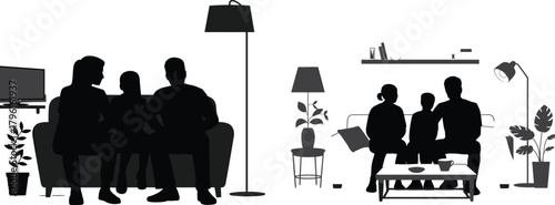 Family sitting together on sofa in living room silhouette vector illustration, home interior, parents and children relaxing,