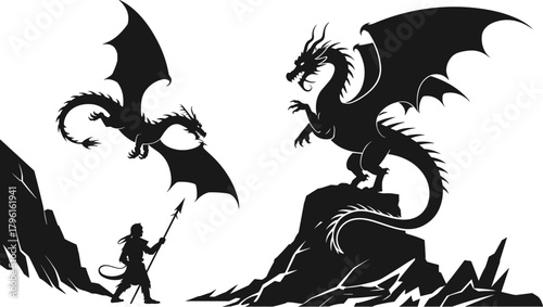 Epic fantasy battle vector illustration of warrior fighting dragons on rocky mountain, mythical creature silhouette art for adventure design.