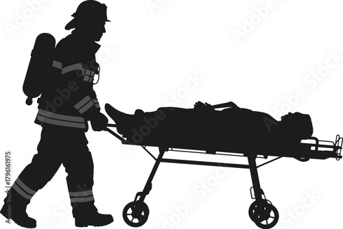 Firefighter rescuing injured person on stretcher silhouette vector illustration, emergency rescue operation concept for safety, disaster response, and medical assistance design