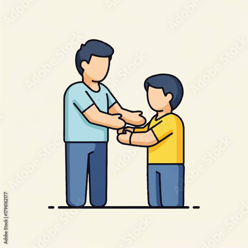 Flat vector icon of a father and son sharing a tender moment, illustrating family bonding, parental care, and mutual support in a modern, minimalist design