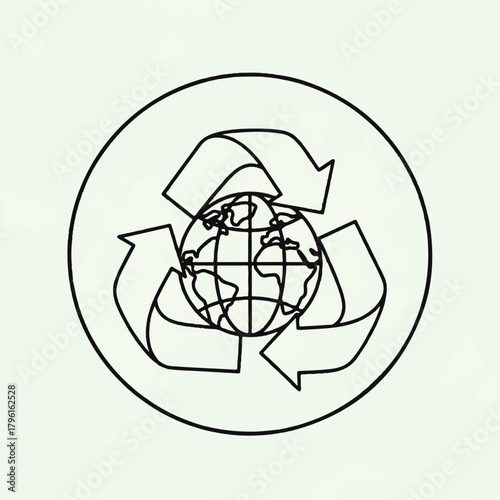 Minimalist line art icon of a recycling symbol with arrows encircling a globe, representing global conservation and environmentalism