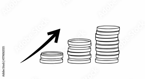 Rising Stacks of Coins with Upward Arrow Illustrating Financial Growth.