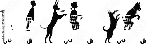 Funny evolution of human turning into dog vector illustration, creative concept art showing transformation, humor, imagination, animal behavior, and human evolution design