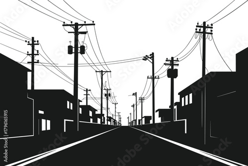 street, city, urban, road, power, poles, wires, electricity, buildings, infrastructure, silhouette, town, energy, neighborhood, design, city street, power lines, 