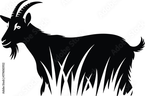 Goat silhouette vector illustration, farm animal design with grass pattern, domestic livestock art, agriculture, rural life, and nature wildlife concept drawing