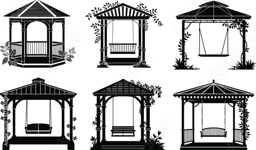 Garden gazebo swing silhouette vector set, outdoor pavilion illustration, patio pergola design elements, vintage wooden structure, decorative architecture art.