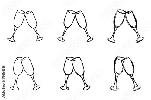 Set of hand drawn champagne glass Alcohol drink clipart in doodle style Single element for print, web, design, decor Happy New Year