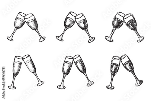 Set of hand drawn champagne glass Alcohol drink clipart in doodle style Single element for print, web, design, decor Happy New Year