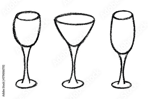 Set of hand drawn wine and champagne glasses Alcohol drink clipart in doodle style Single element for print, web, design, decor Happy New Year