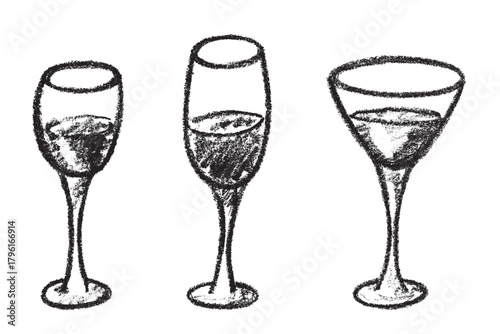 Set of hand drawn wine and champagne glasses Alcohol drink clipart in doodle style Single element for print, web, design, decor Happy New Year