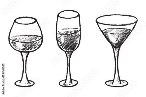 Set of hand drawn wine and champagne glasses Alcohol drink clipart in doodle style Single element for print, web, design, decor Happy New Year