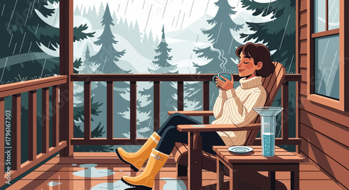 Serene woman enjoying a warm beverage on a cozy cabin porch during rainfall